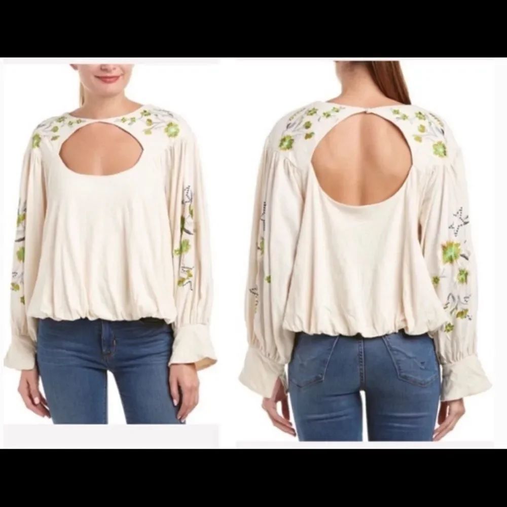 Free People LITA cream floral embroidered cutout cotton linen top L